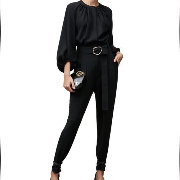 Lafayette NY 148 Black Ellis Blouson Sleeve Crepe Belted Jumpsuit 10 - Picture 1 of 15